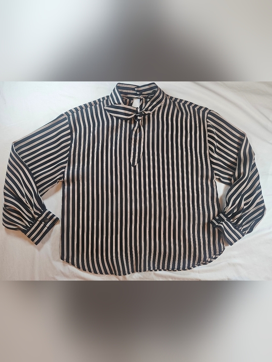 Zara Tops - Zara Basic Womens Black & White Striped Long Sleeve Neck Tie Satin Blouse Sz L